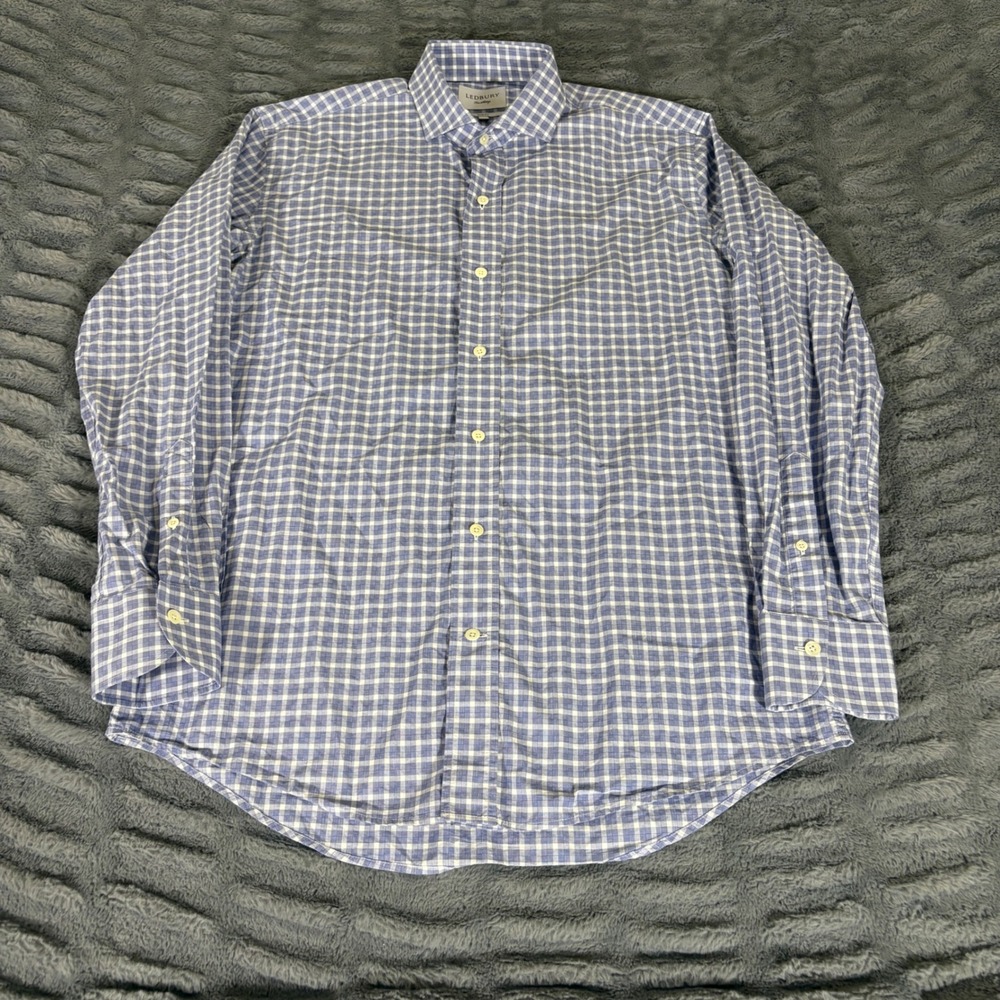 Ledbury Slim Fit Dress Shirt 16.5 Blue White Gingham Check Long Sleeve Cotton
